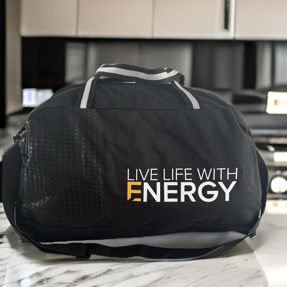 Gemline Sequel Sport Bag in Black with LIVE LIFE WITH ENERGY Graphics